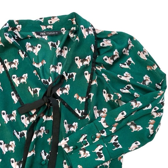 Zara Dogs Print Emerald Blouse Green Button Front Shirt Long Sleeved Bow Detail - Picture 1 of 12